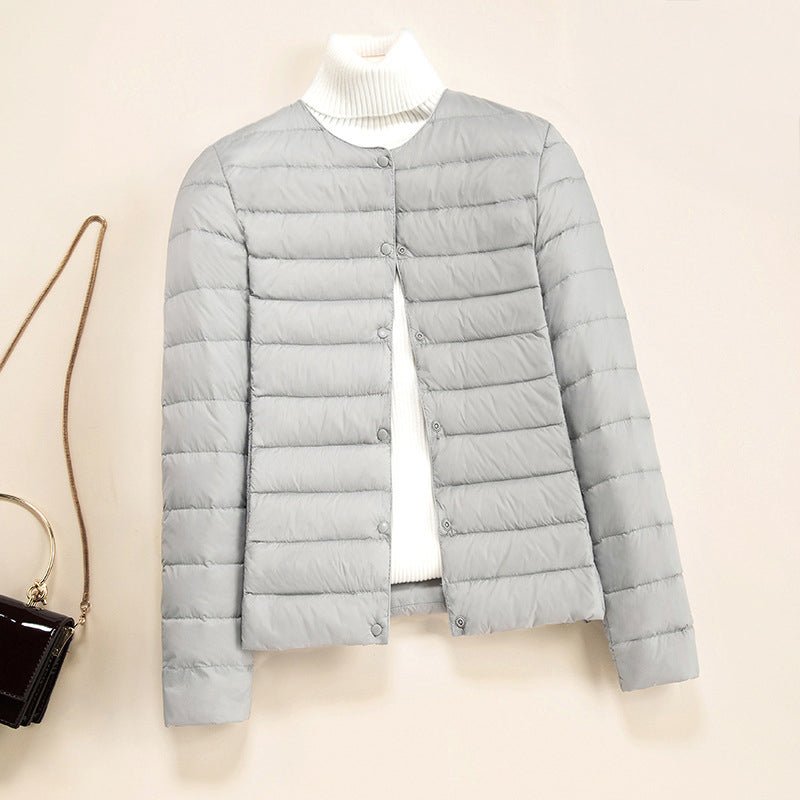 Women's Lightweight Quilted Down Jacket | Collarless Round Neck