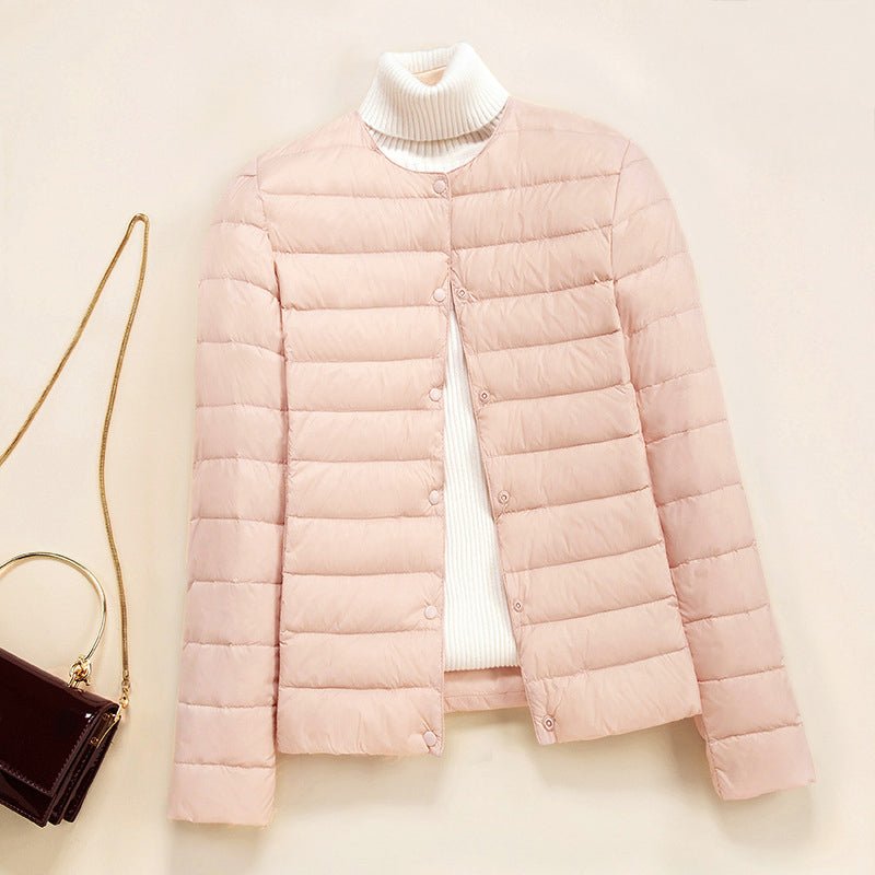 Women's Lightweight Quilted Down Jacket | Collarless Round Neck