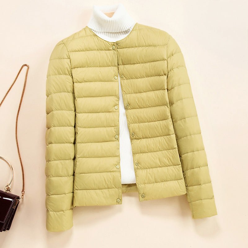 Women's Lightweight Quilted Down Jacket | Collarless Round Neck