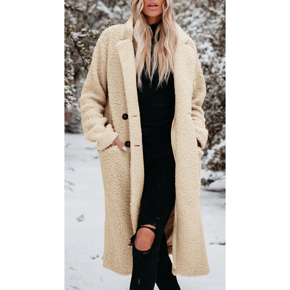 Women's Long Teddy Coat with Button Front Closure