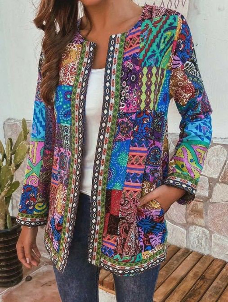 Women's Longline Cardigan with Printed Patchwork