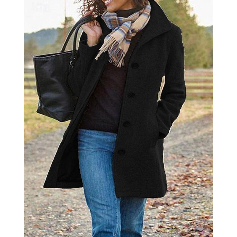 Women's Longline Coat with Button Front and Turndown Collar