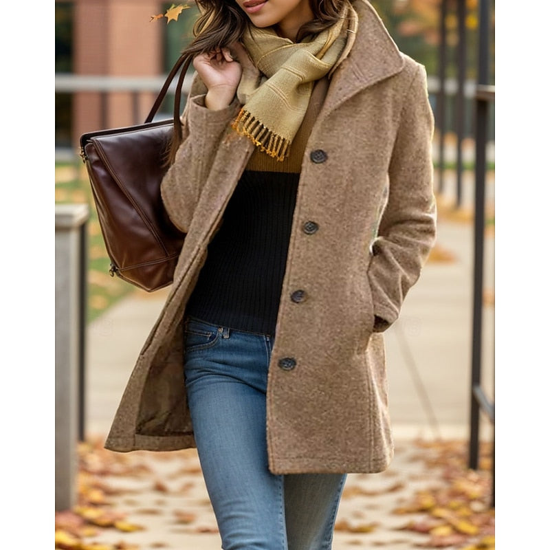 Women's Longline Coat with Button Front and Turndown Collar