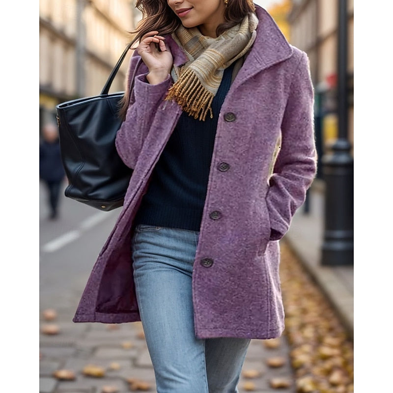 Women's Longline Coat with Button Front and Turndown Collar
