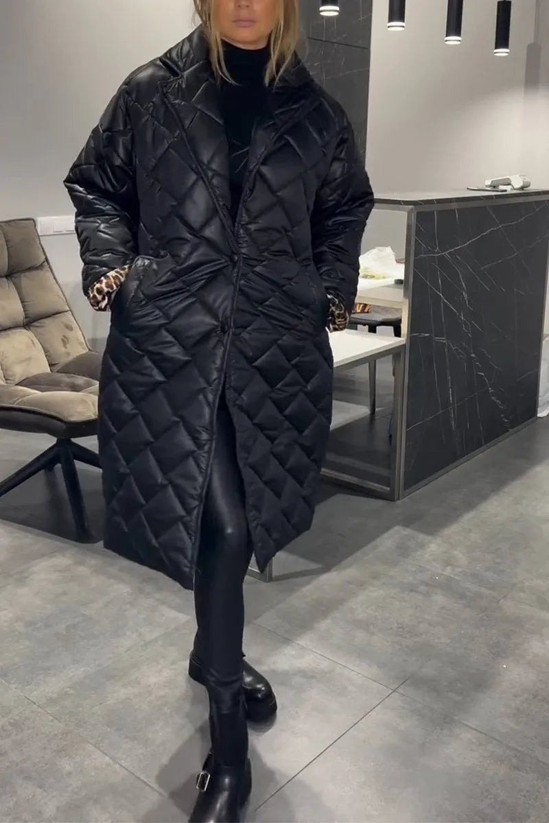 Women's Longline Quilted Coat with Leopard Print Lining