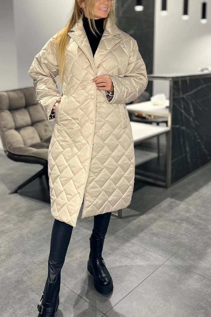Women's Longline Quilted Coat with Leopard Print Lining