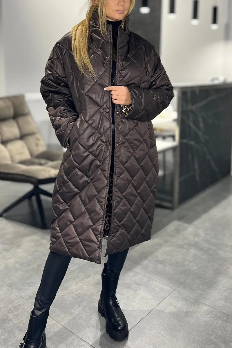 Women's Longline Quilted Coat with Leopard Print Lining
