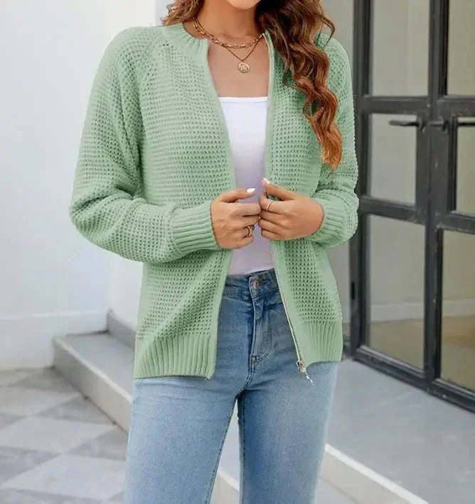 Women's Longline Zip-Up Cardigan with Round Neck