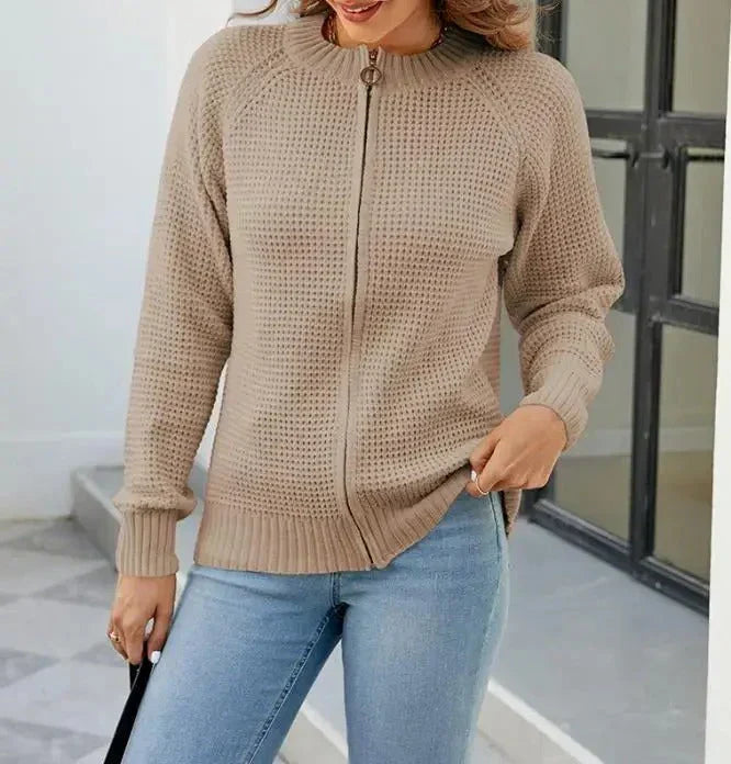 Women's Longline Zip-Up Cardigan with Round Neck