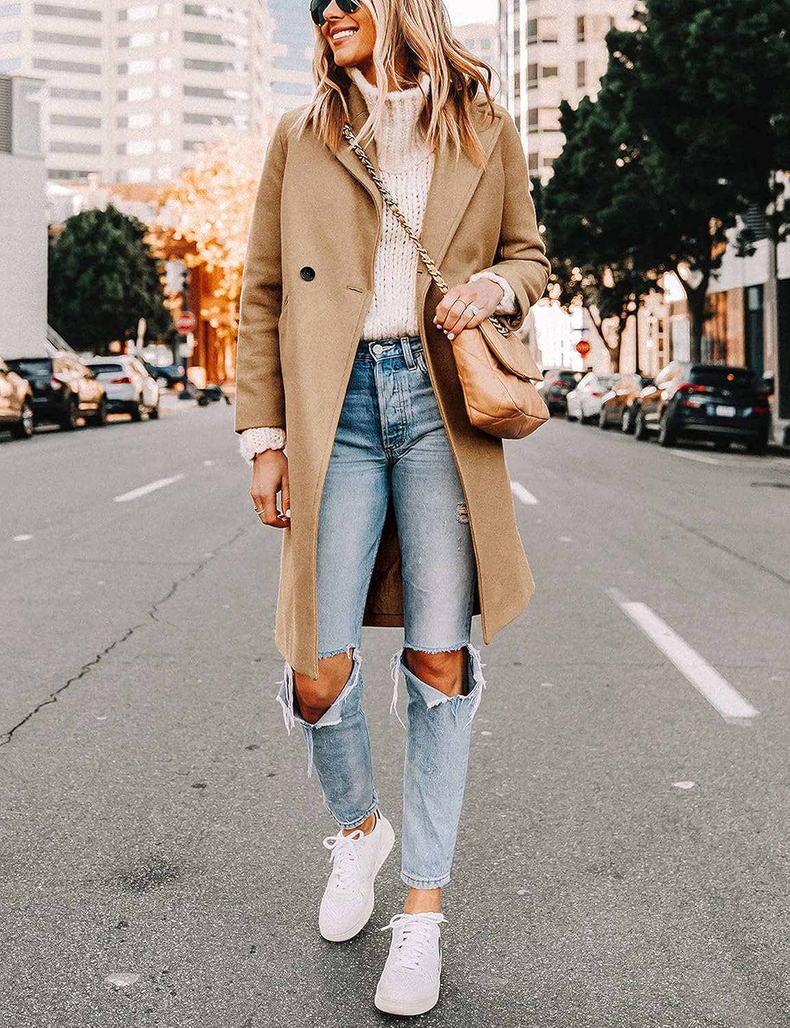 Women's Notch Lapel Longline Coat with Side Pockets