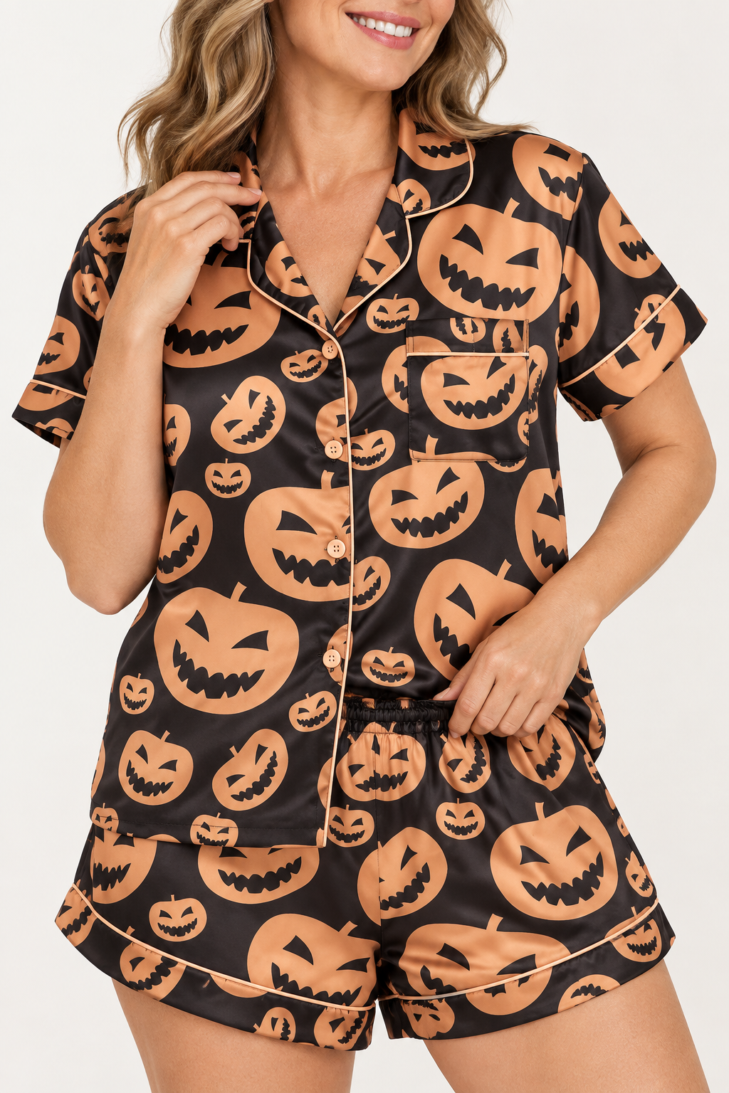 Women's Orange Pumpkin Satin Halloween Pajama Set
