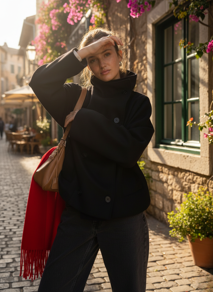 Women's Oversized Double-Breasted Jacket with Stand Collar