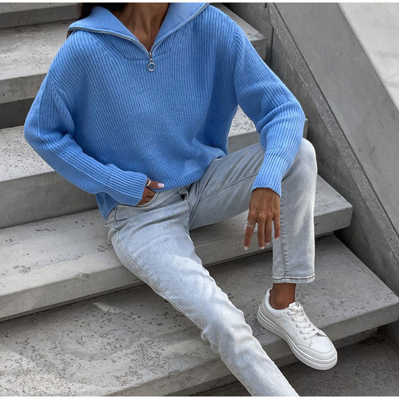 Women's Oversized Half-Zip Cropped Jumper with Stand Collar