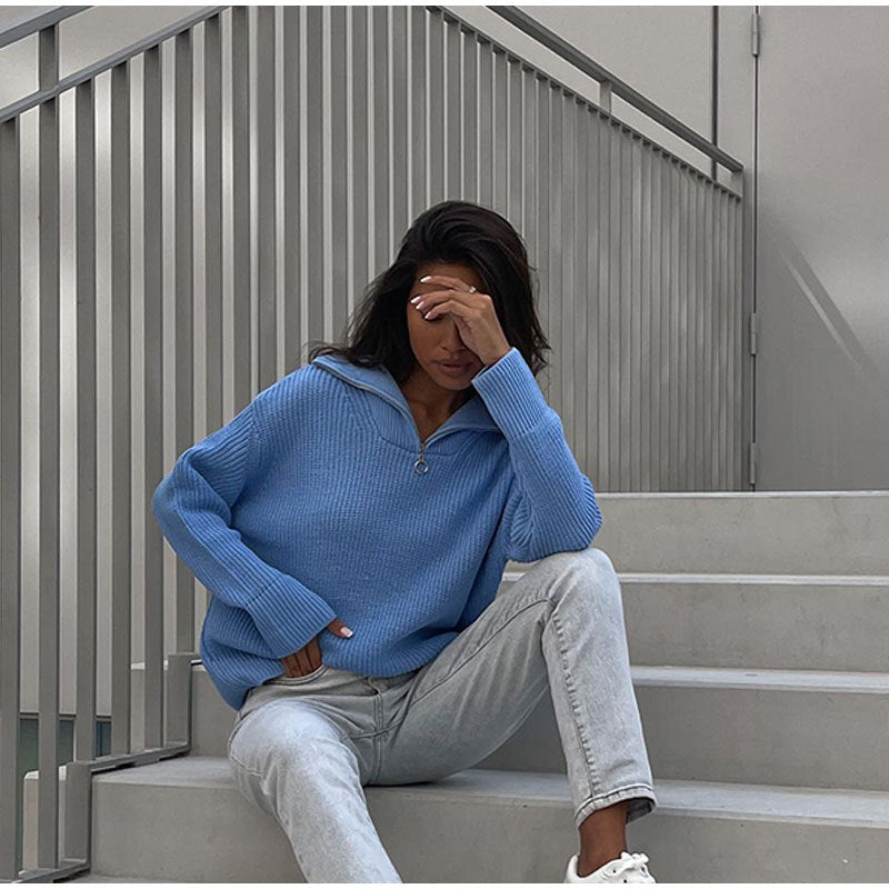 Women's Oversized Half-Zip Jumper with Stand Collar