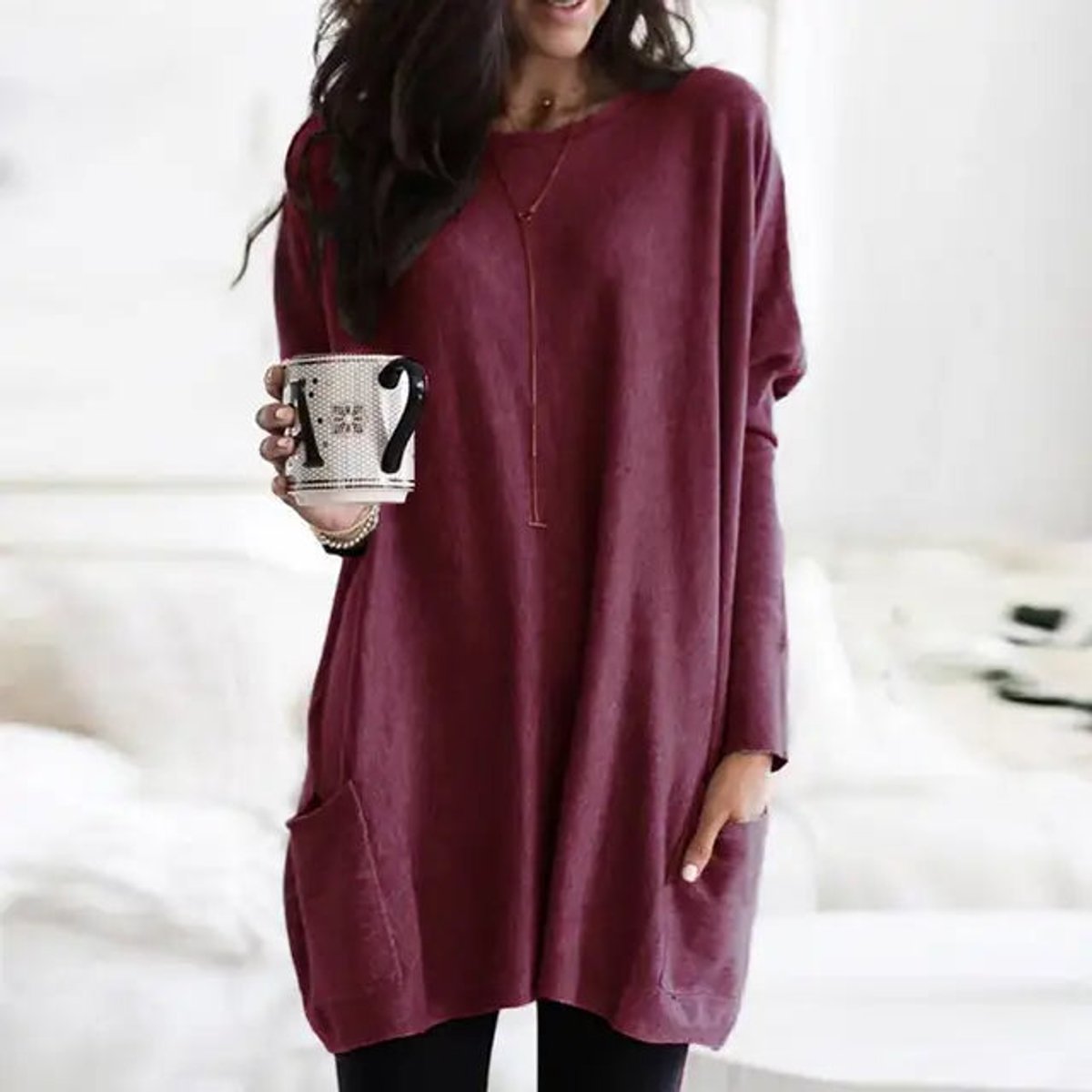 Women's Oversized Long Sleeve Crew Neck Tunic Sweater