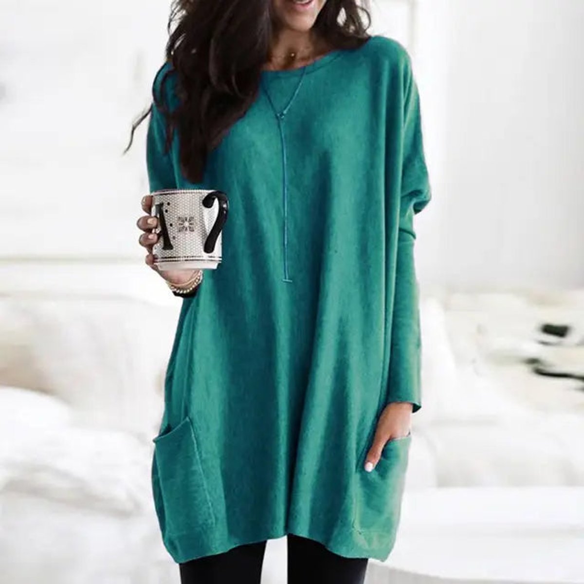 Women's Oversized Long Sleeve Crew Neck Tunic Sweater