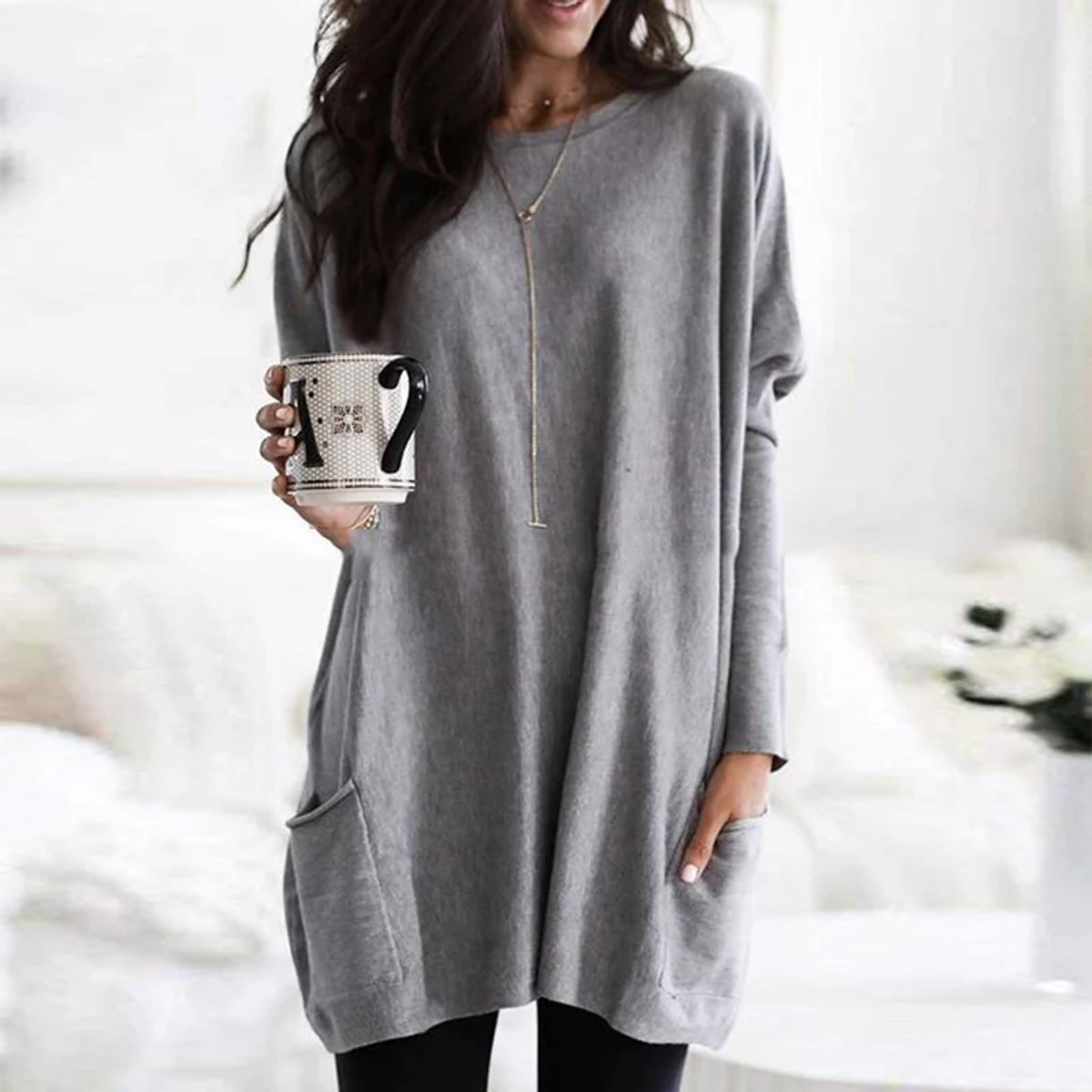 Women's Oversized Long Sleeve Crew Neck Tunic Sweater