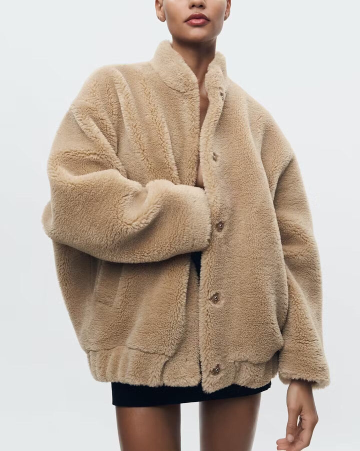 Women's Oversized Teddy Jacket with Button Closure