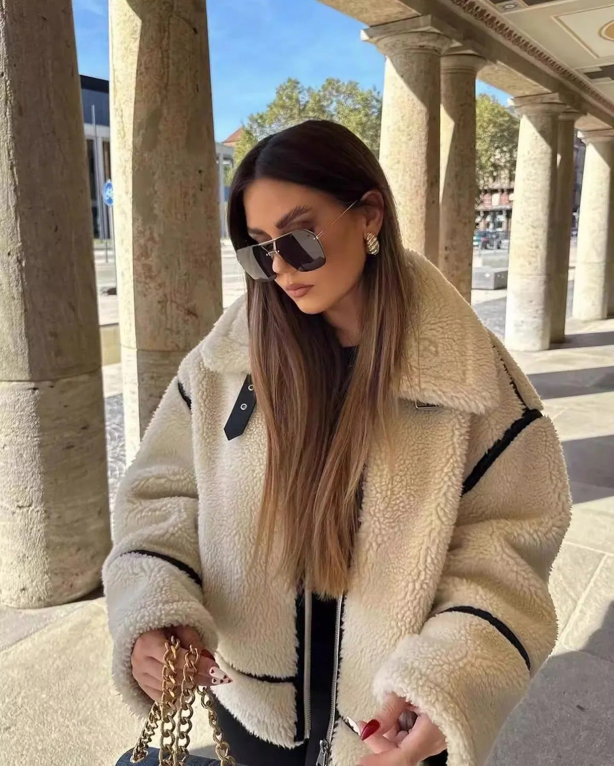 Women's Oversized Teddy Jacket with Contrast Trim