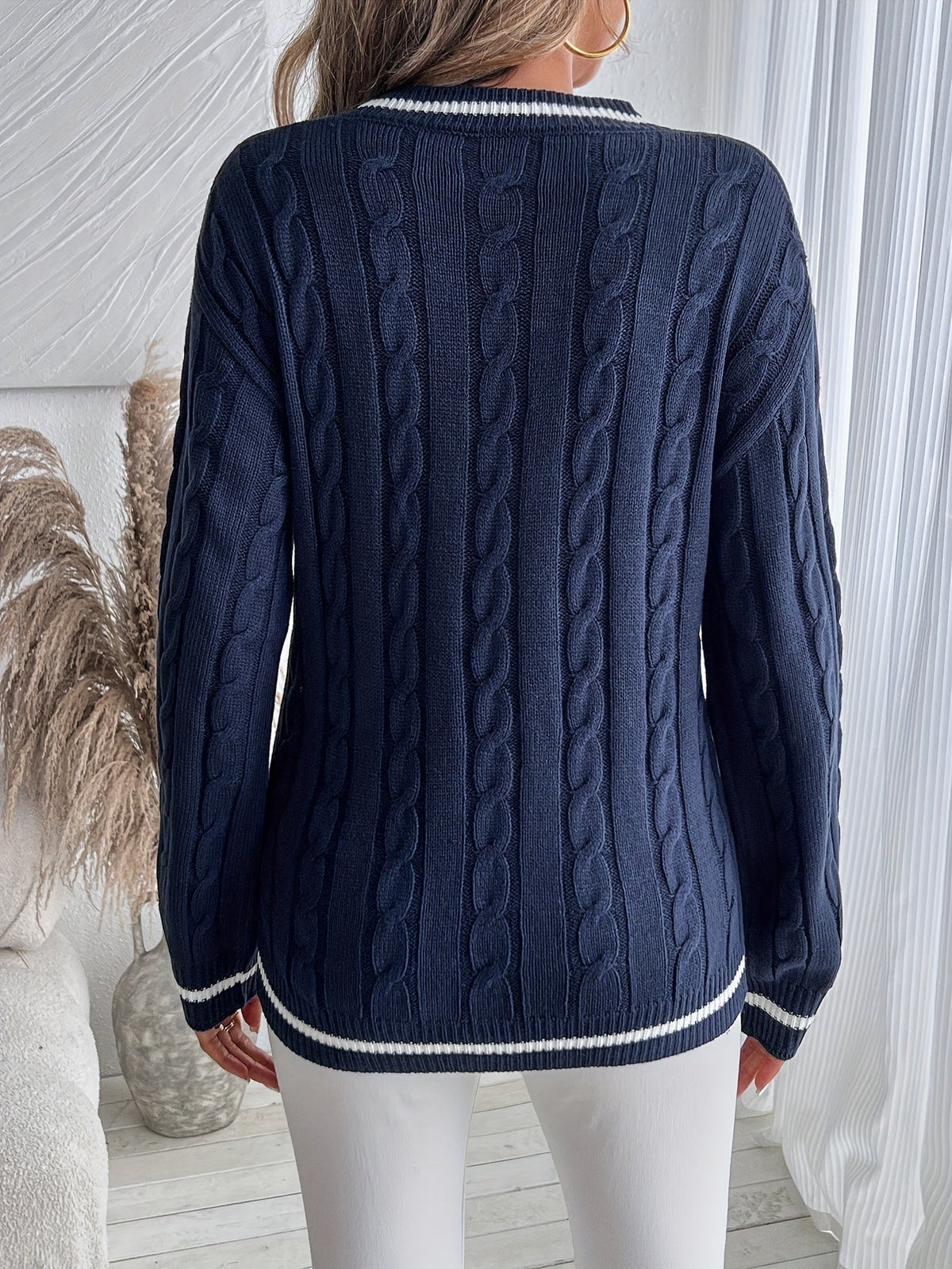 Women's Oversized V-Neck Striped Trim Cable Knit Sweater