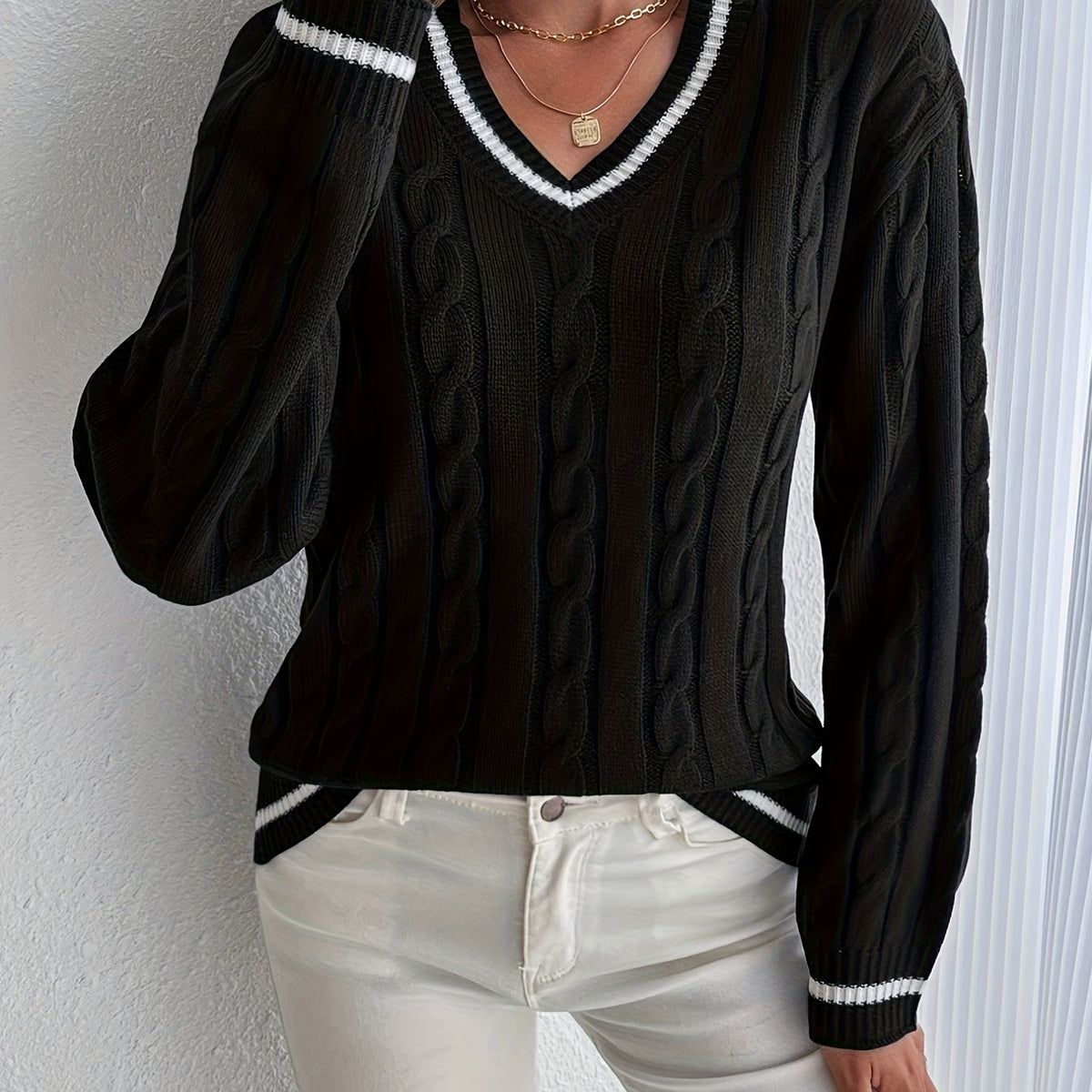 Women's Oversized V-Neck Striped Trim Cable Knit Sweater