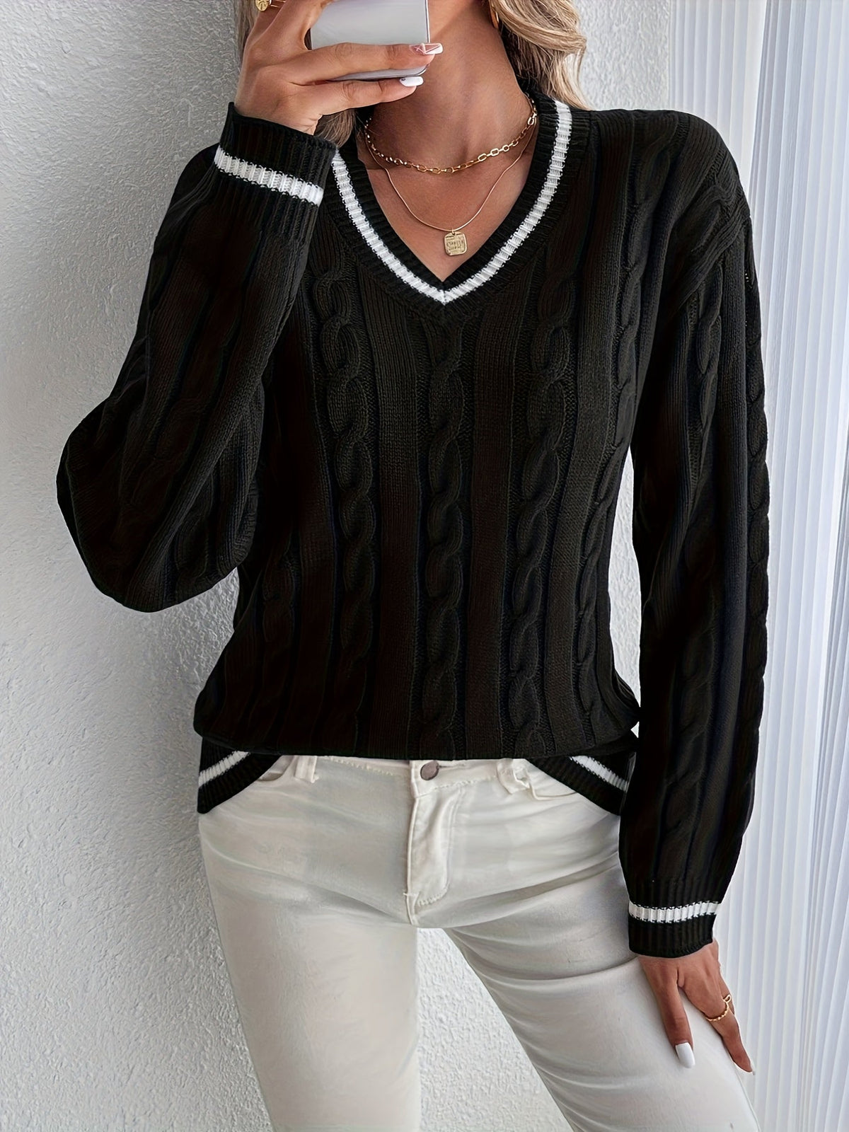 Women's Oversized V-Neck Striped Trim Cable Knit Sweater