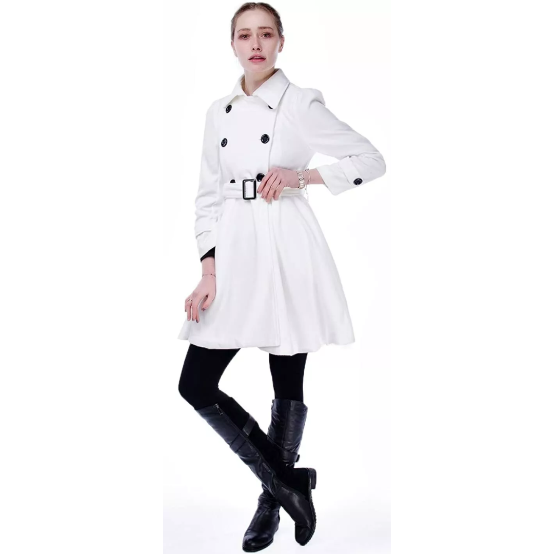 Women's Peacoat Double-Breasted Belted with Flared Skirt