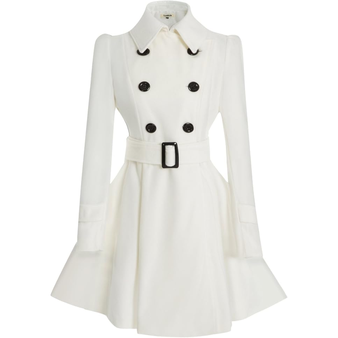 Women's Peacoat Double-Breasted Belted with Flared Skirt