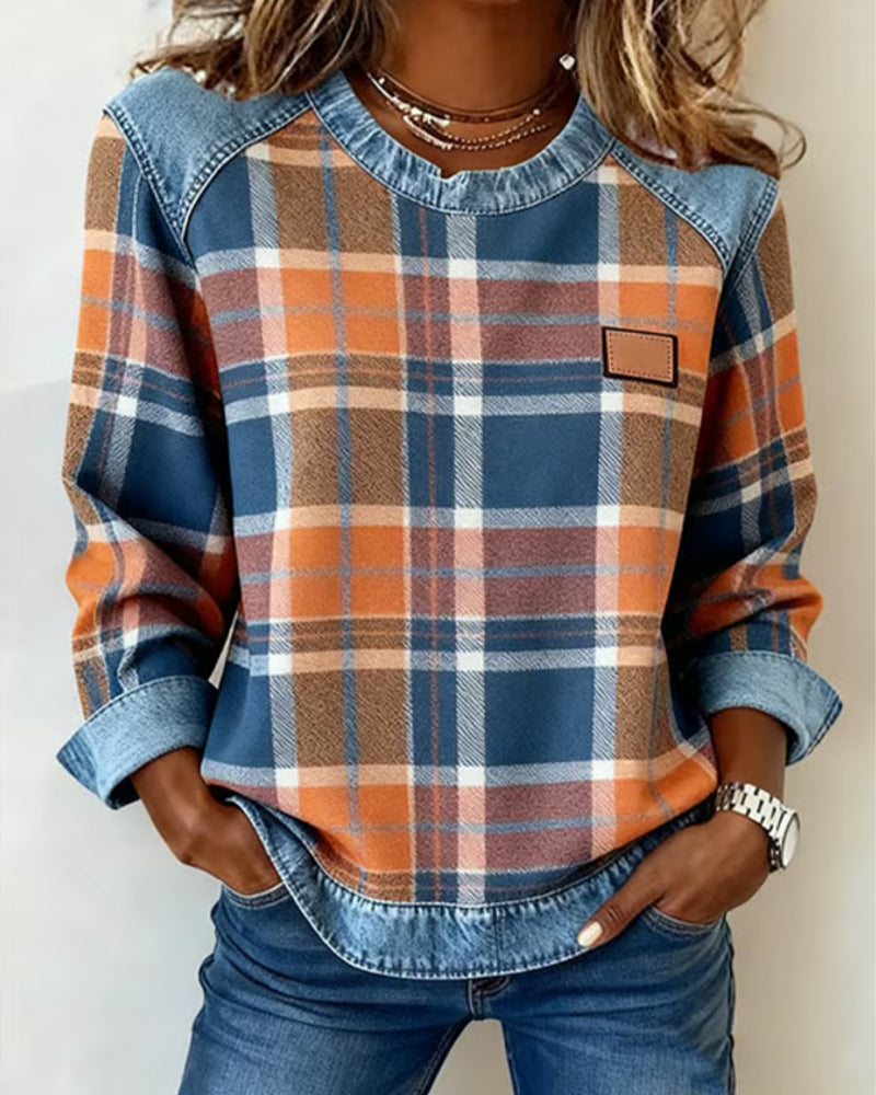 Women's Plaid Patchwork Denim Trim Sweatshirt