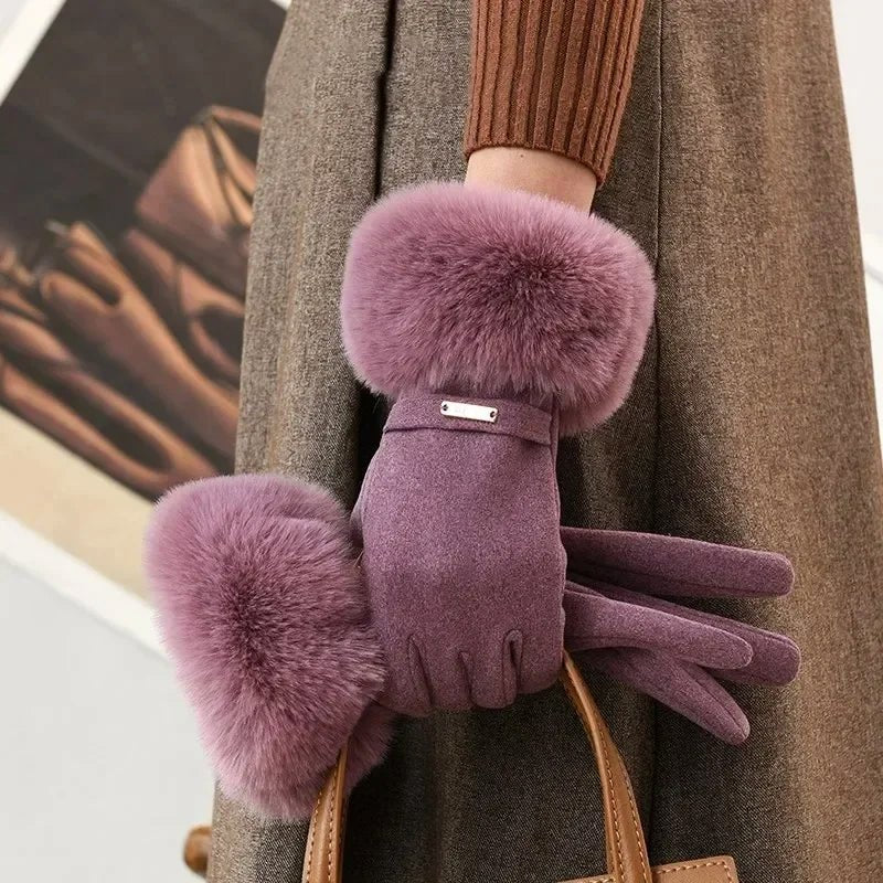 Women's Plush Cuff Winter Gloves | Suede Faux Fur