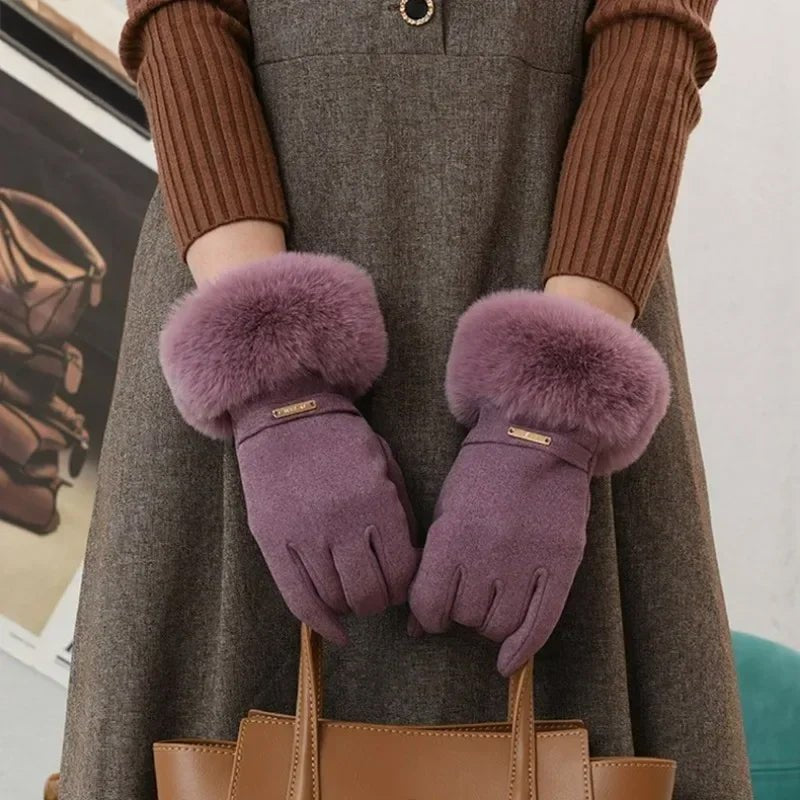 Women's Plush Cuff Winter Gloves | Suede Faux Fur