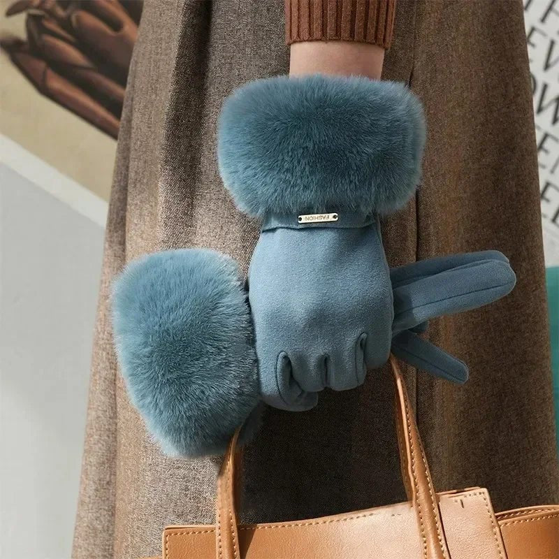 Women's Plush Cuff Winter Gloves | Suede Faux Fur