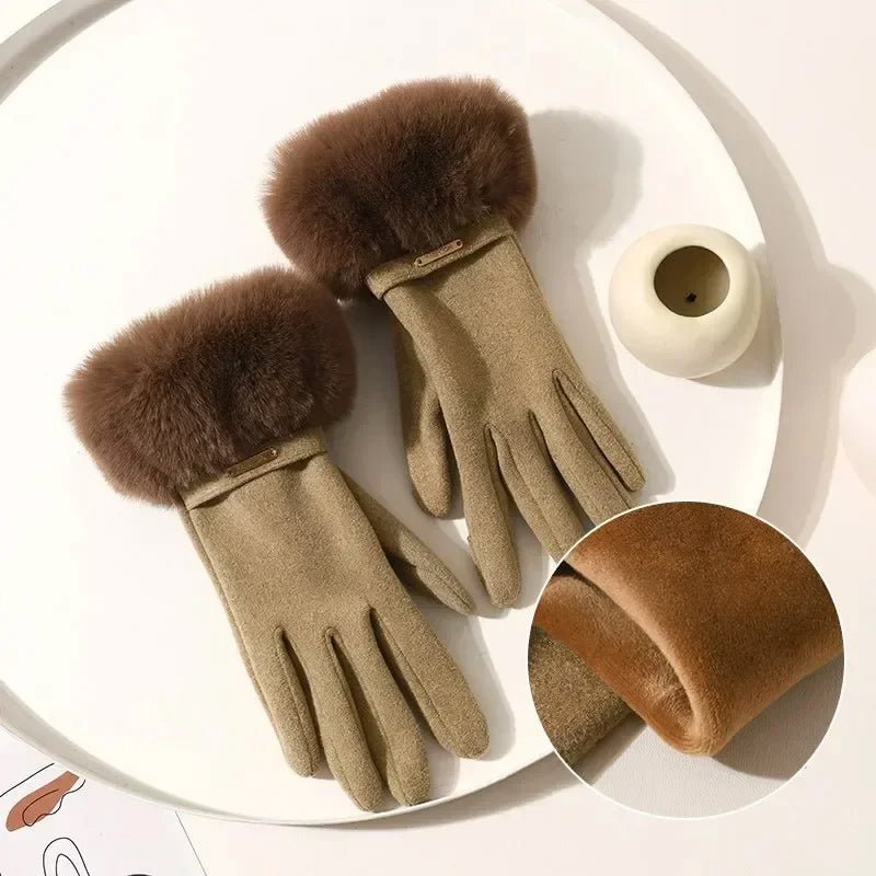 Women's Plush Cuff Winter Gloves | Suede Faux Fur