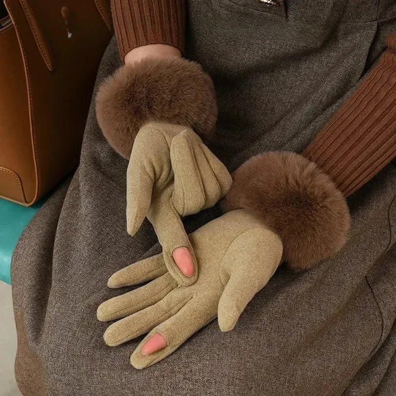 Women's Plush Cuff Winter Gloves | Suede Faux Fur