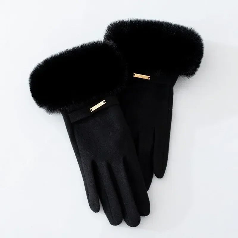 Women's Plush Cuff Winter Gloves | Suede Faux Fur