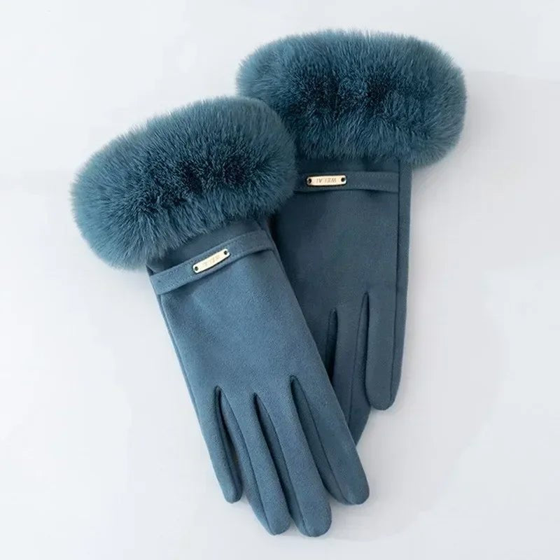 Women's Plush Cuff Winter Gloves | Suede Faux Fur