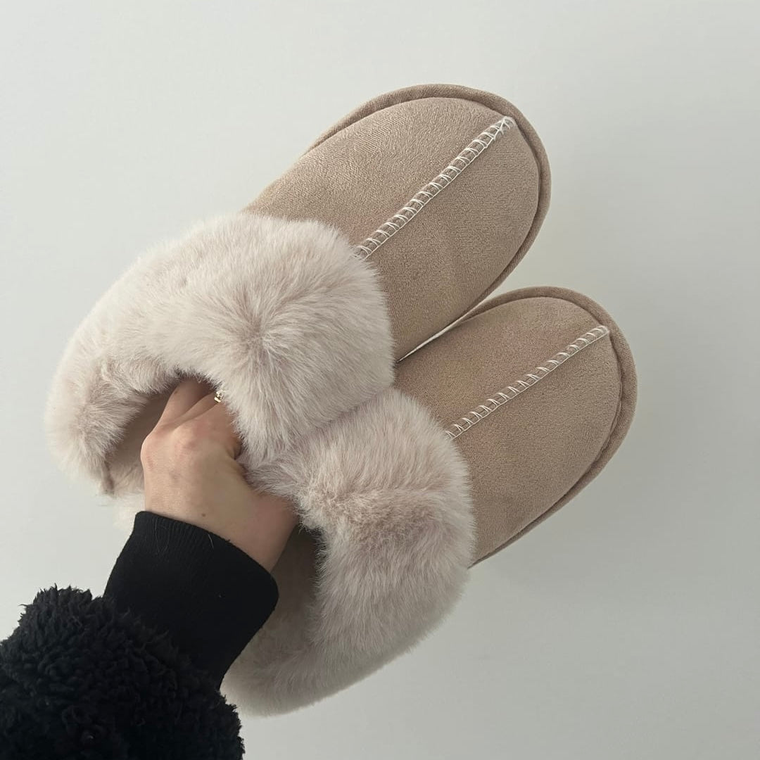 Women's Plush Faux Fur Slippers, Open-Toe Slip-On