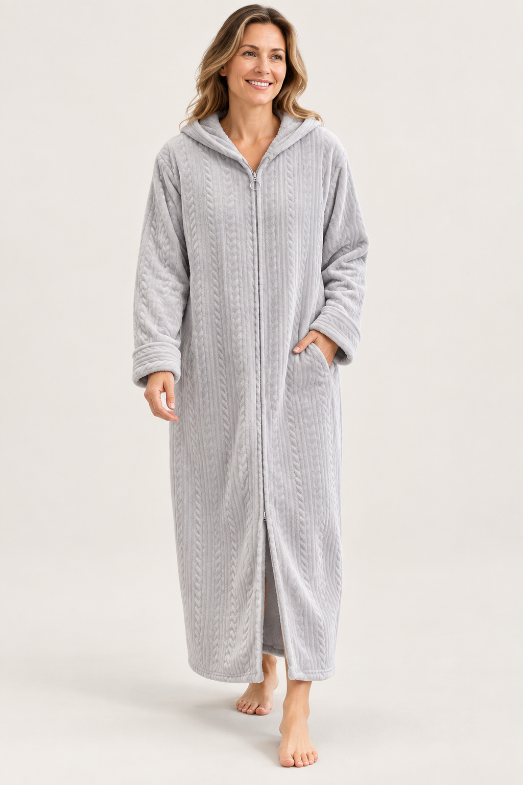 Women's Plush Hooded Zip-Front Fleece Robe with Pockets