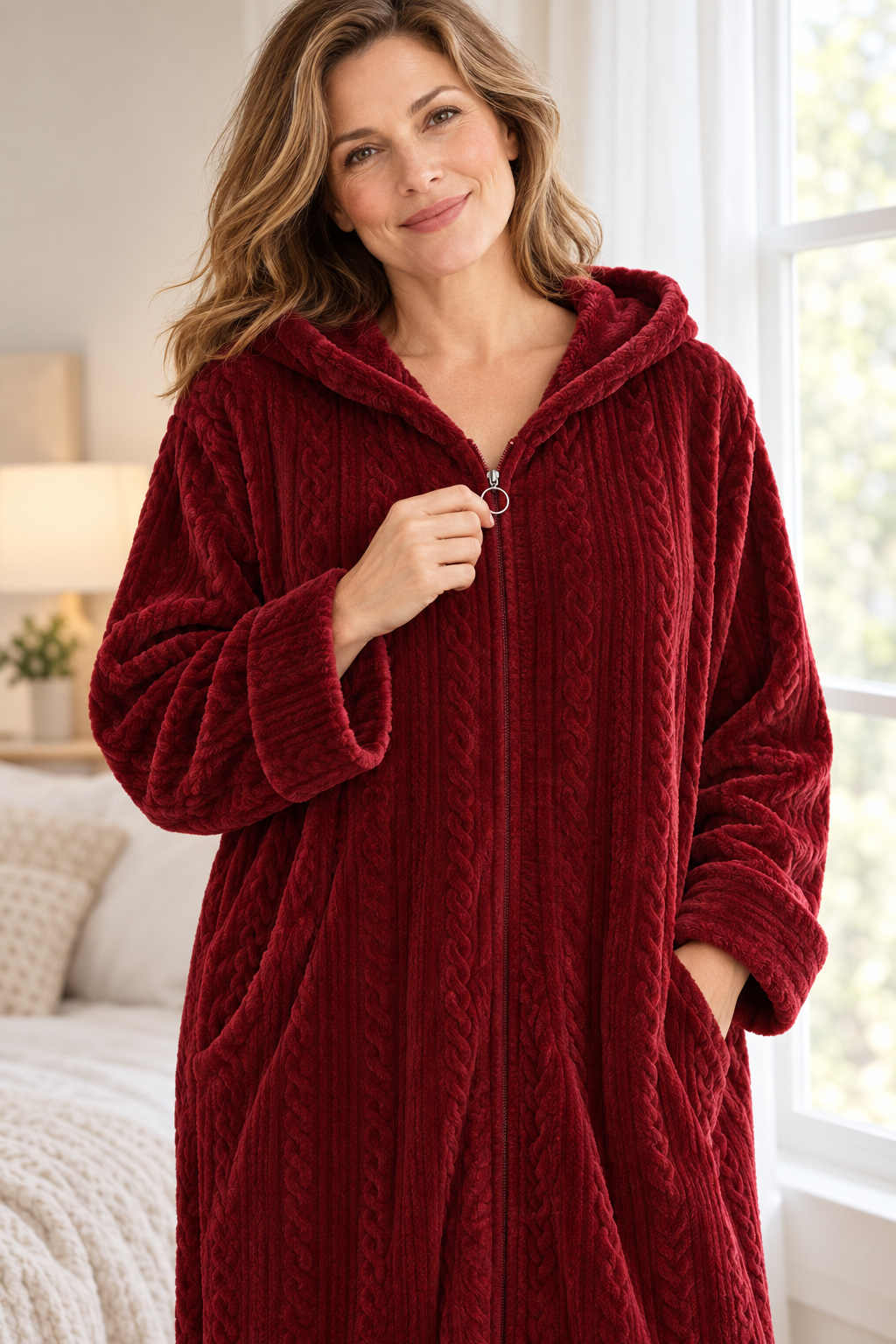 Women's Plush Hooded Zip-Front Fleece Robe with Pockets