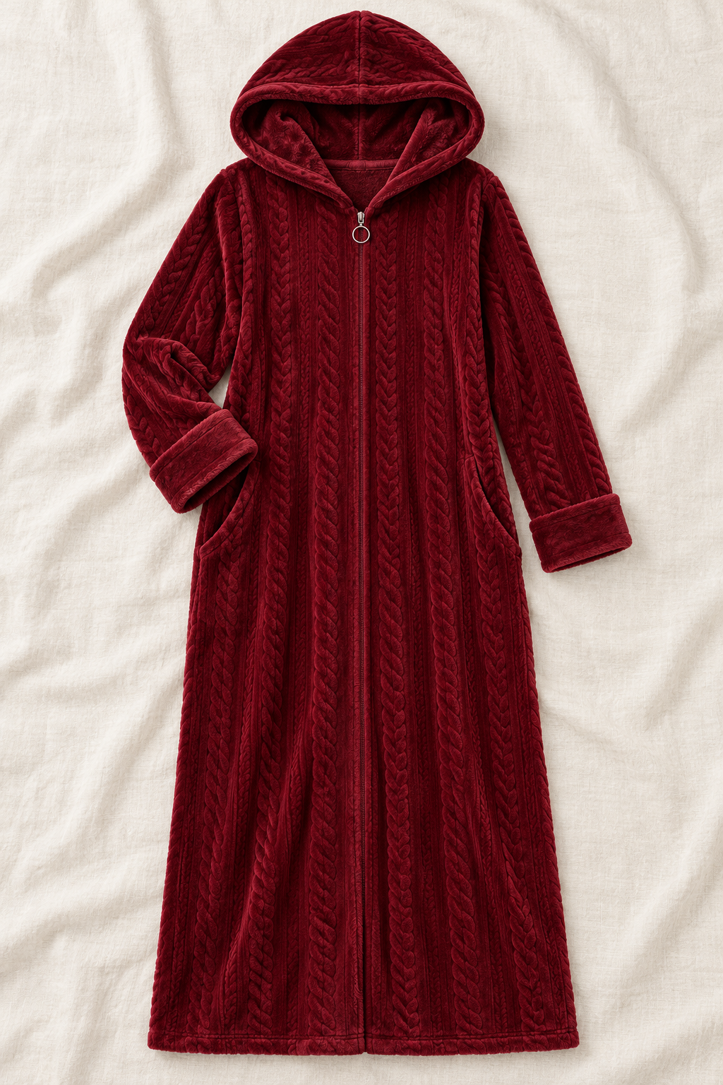 Women's Plush Hooded Zip-Front Fleece Robe with Pockets