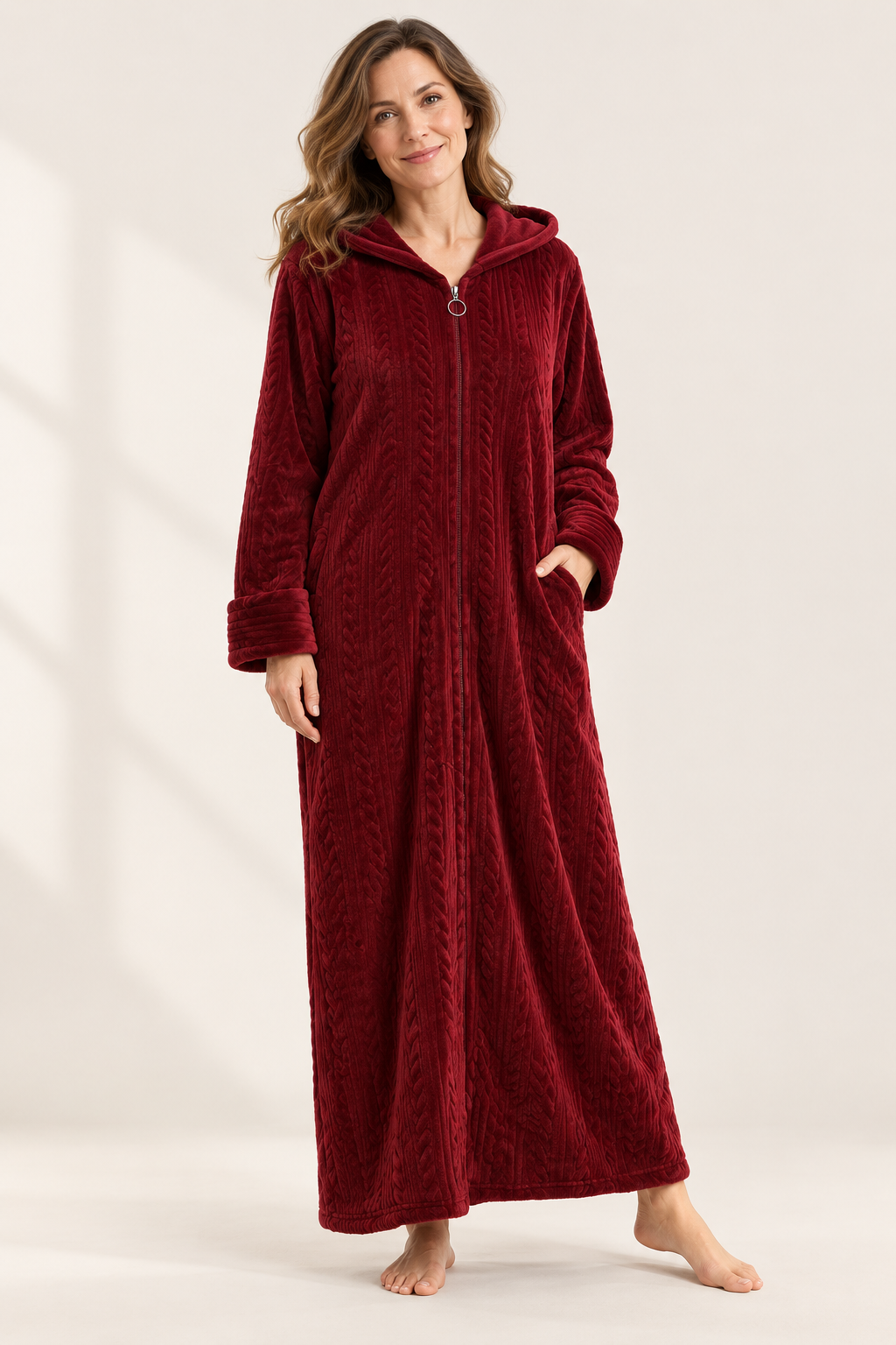 Women's Plush Hooded Zip-Front Fleece Robe with Pockets