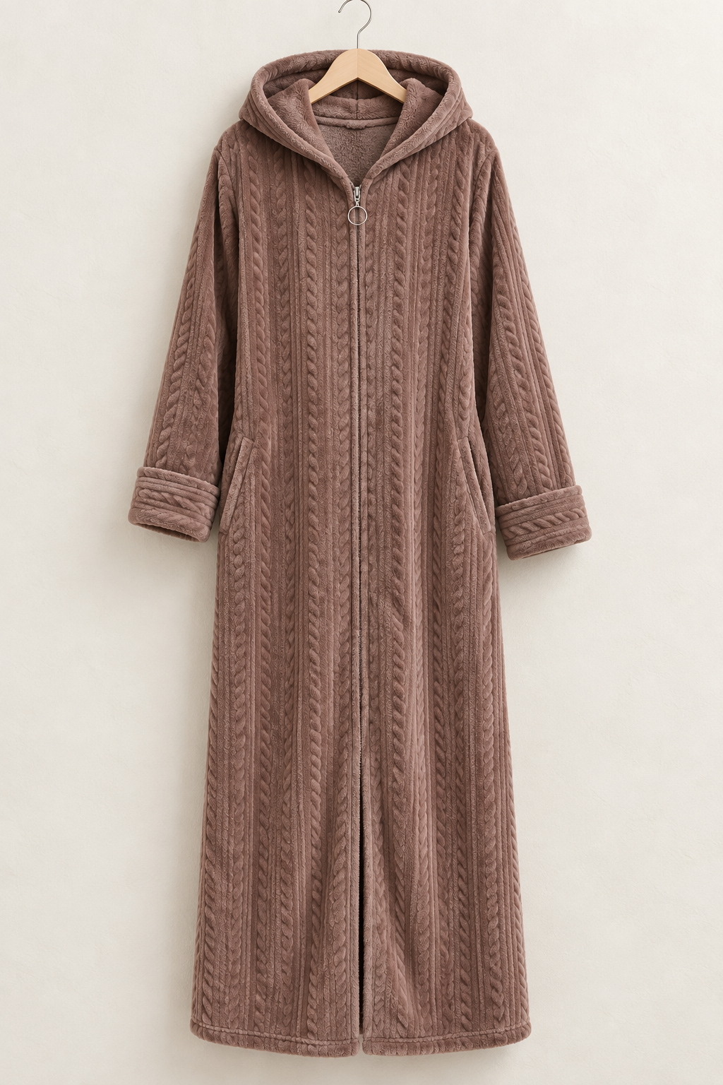 Women's Plush Hooded Zip-Front Fleece Robe with Pockets