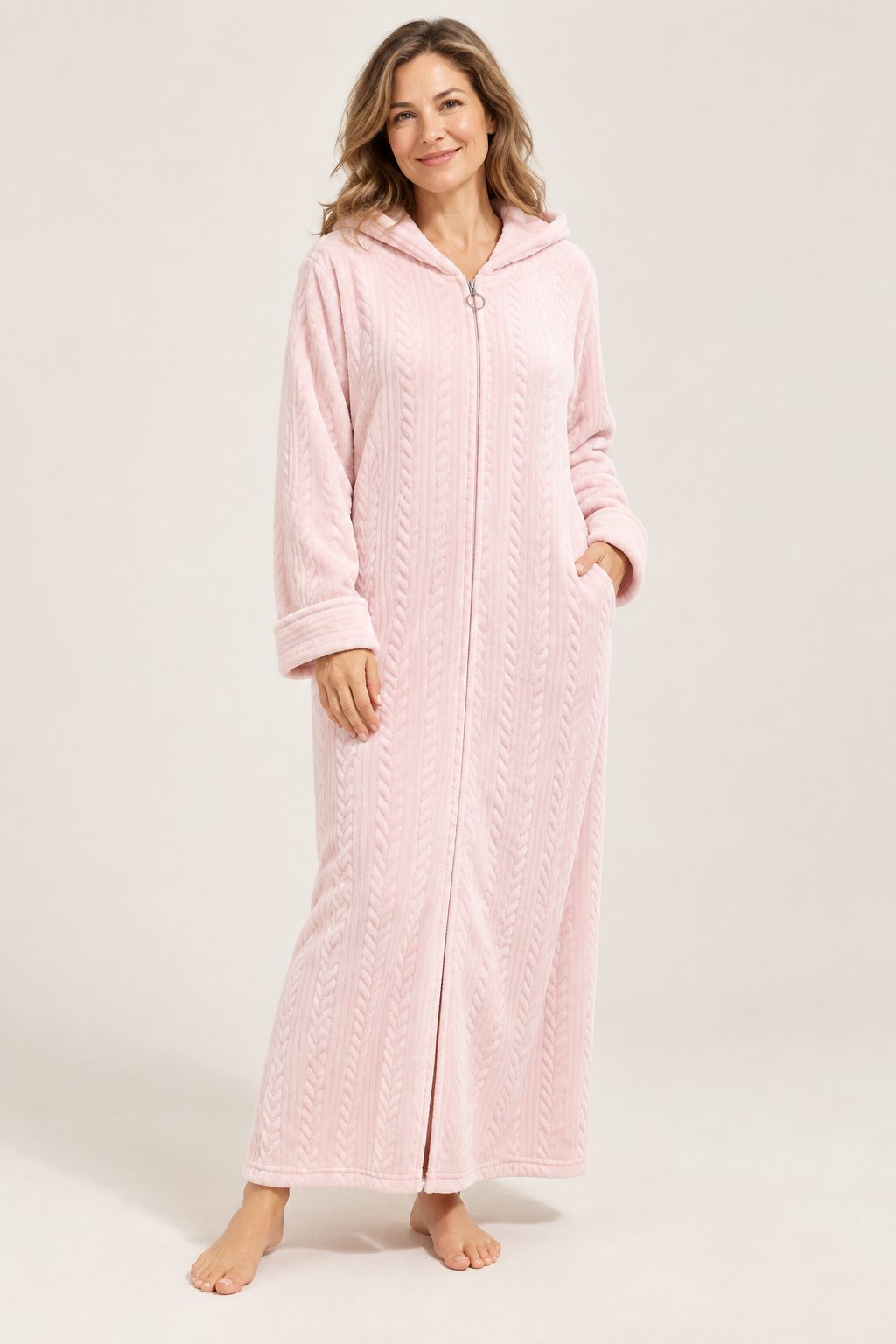 Women's Plush Hooded Zip-Front Fleece Robe with Pockets