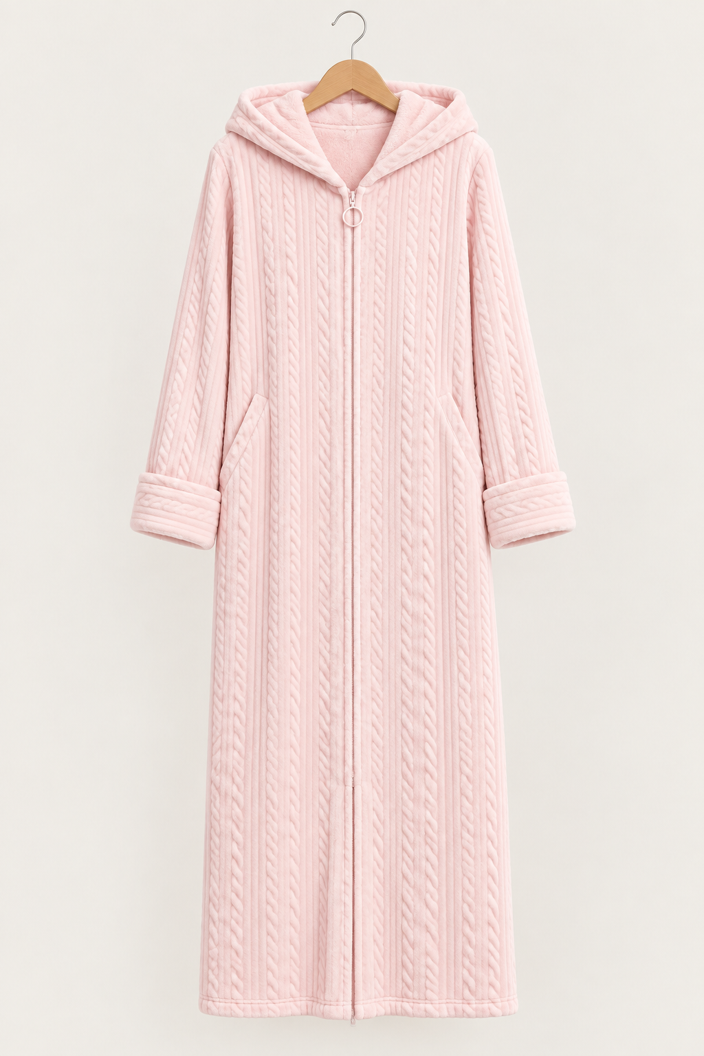 Women's Plush Hooded Zip-Front Fleece Robe with Pockets