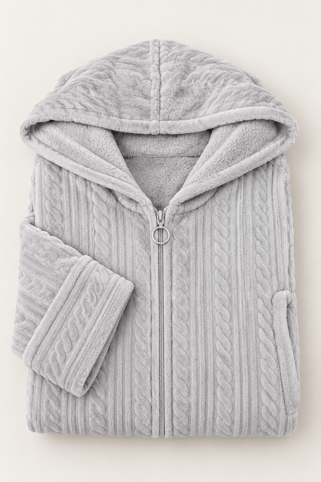 Women's Plush Hooded Zip-Front Fleece Robe with Pockets