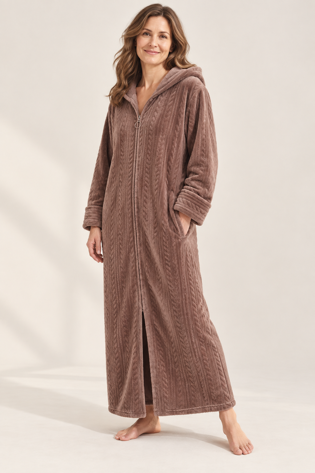 Women's Plush Hooded Zip-Front Fleece Robe with Pockets
