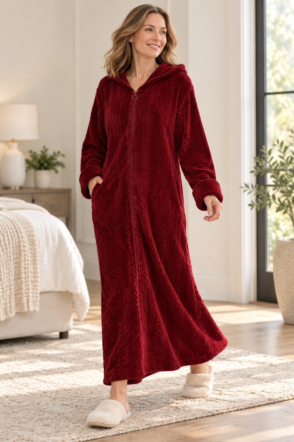 Women's Plush Hooded Zip-Front Fleece Robe with Pockets