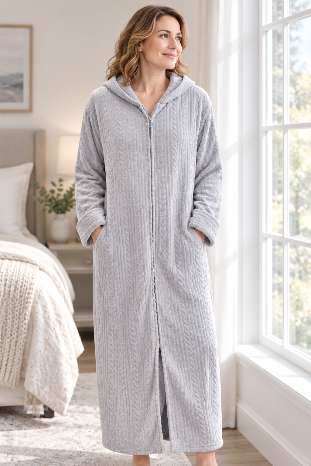 Women's Plush Hooded Zip-Front Fleece Robe with Pockets