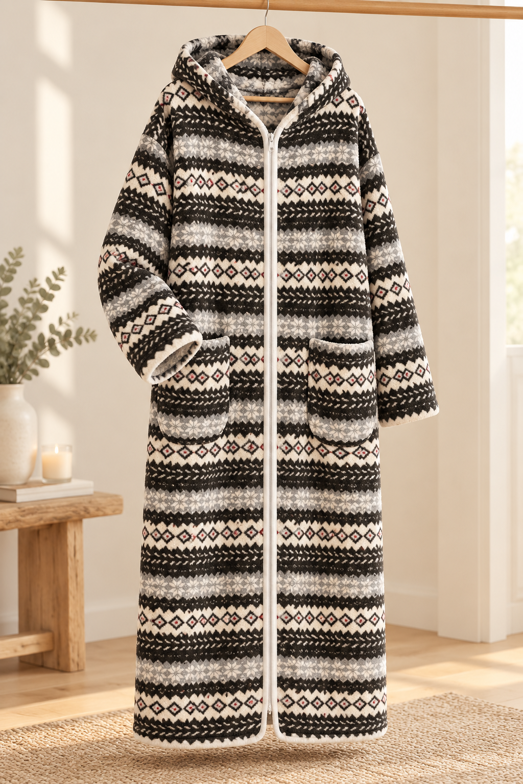 Women's Plush Printed Hooded Zip-Up Fleece Robe