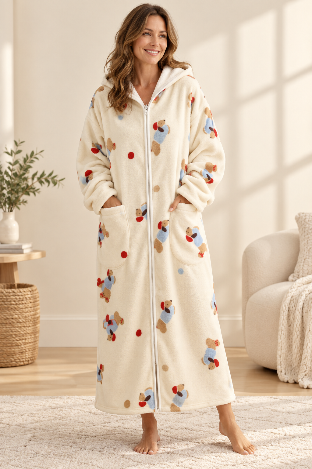 Women's Plush Printed Hooded Zip-Up Fleece Robe